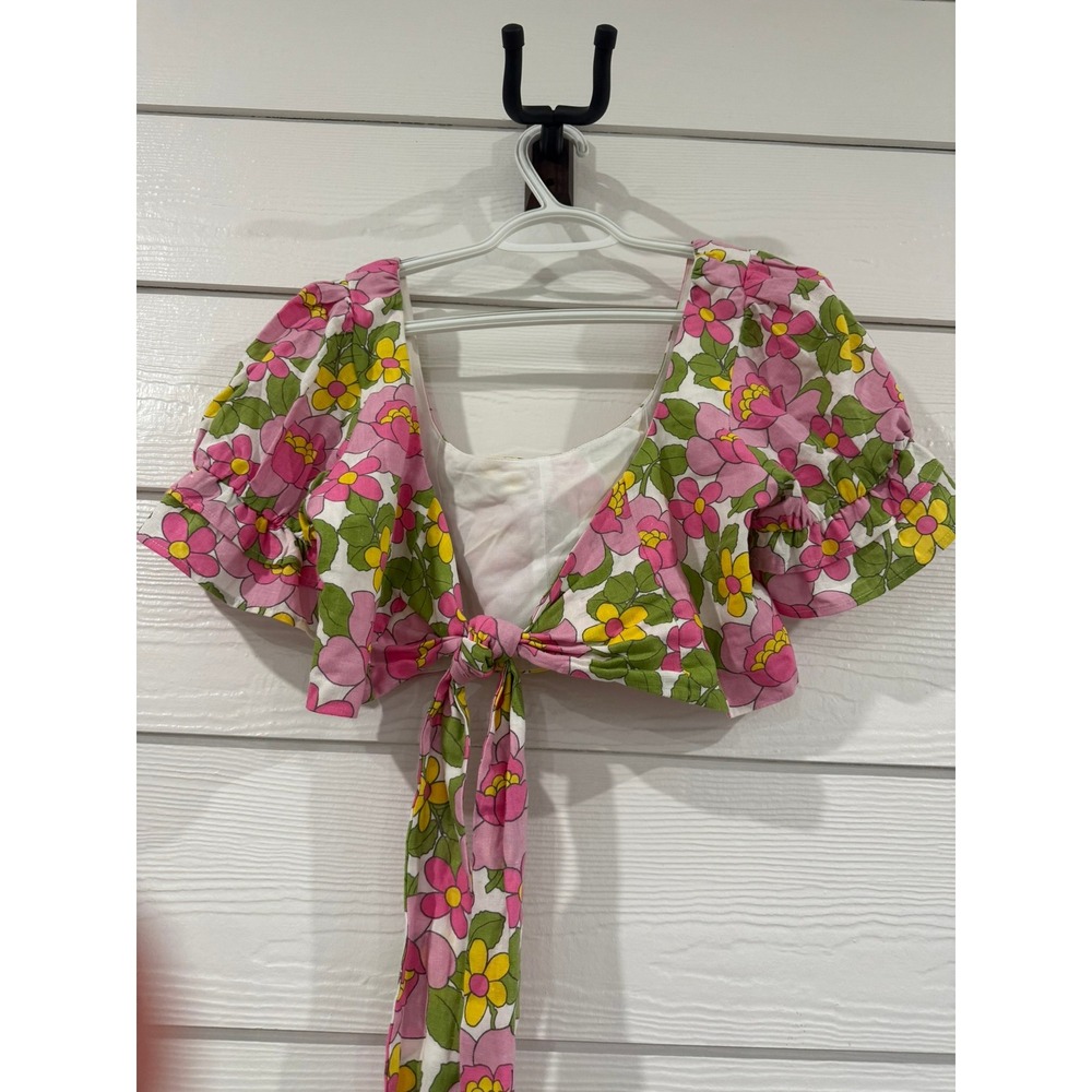 #B- 007- Floral Crop Top and Belted Mini Skirt Set Pink Yellow Retro 2 Piece - Picture 3 of 11